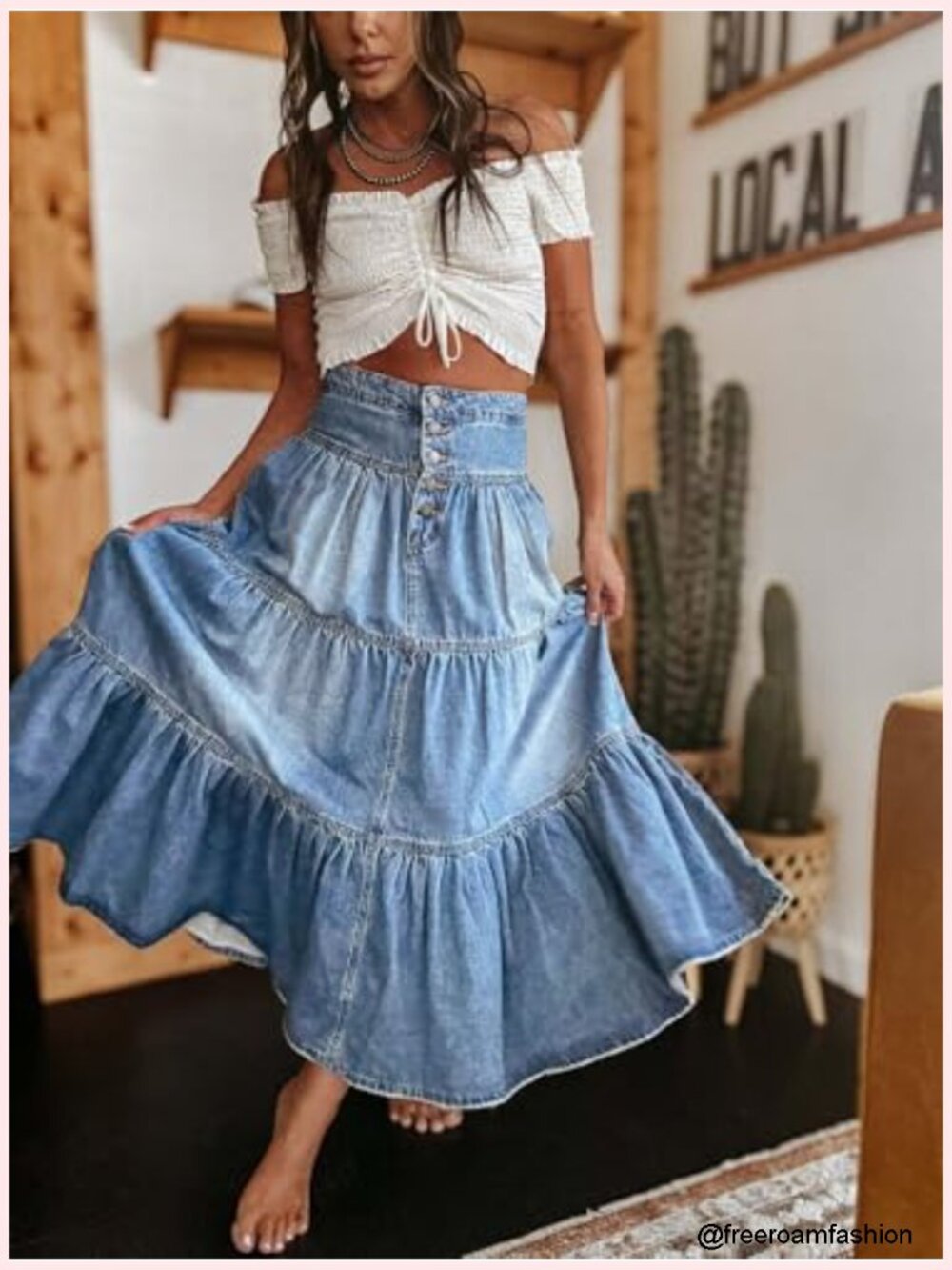 Women's Boho Frayed Tiered Denim Skirt A-Line Maxi Long Jean Skirt - Picture 3 of 5